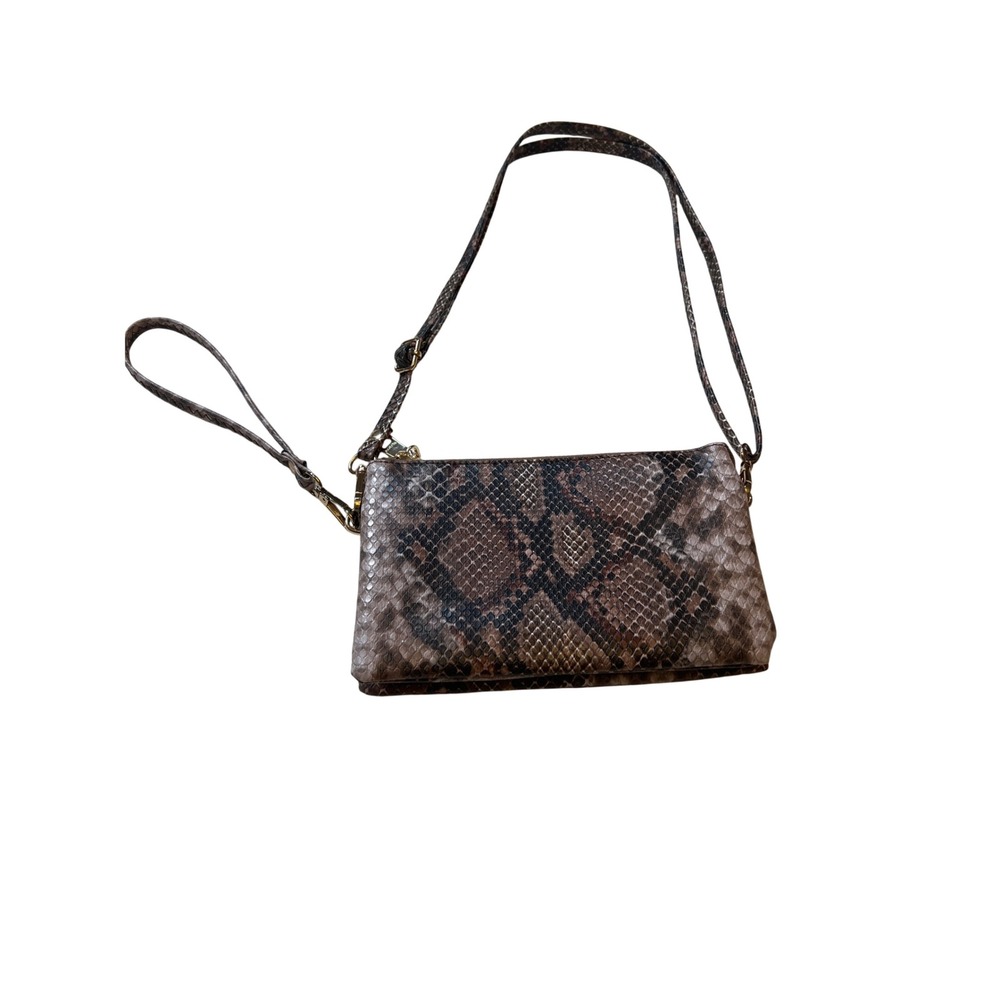 Jen & Co Snakeskin Print Vegan Leather Crossbody Wristlet Bag Brown Tan Gold